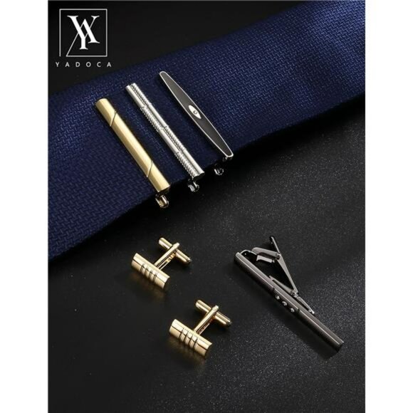 Men's tie clip and cufflink set silver gold black formal tuxedo shirt gift box - Picture 4 of 7